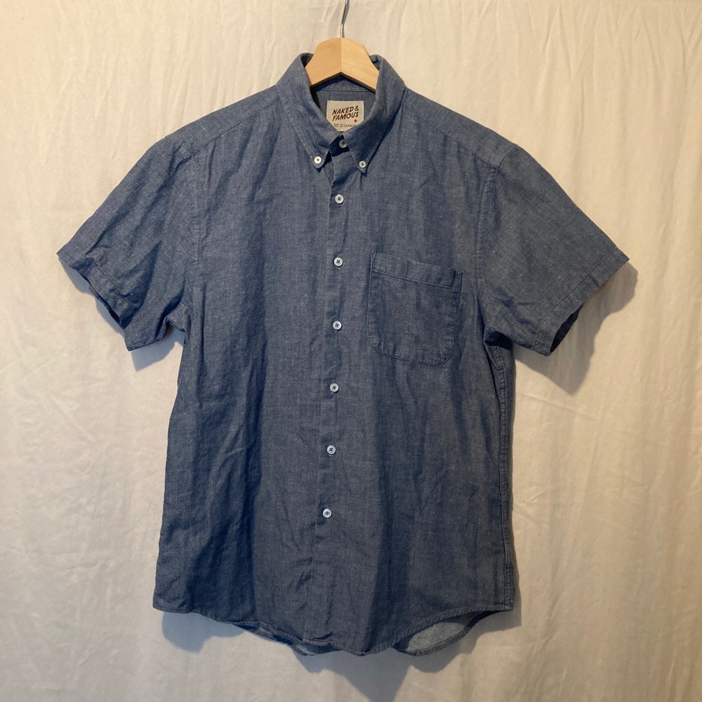 Naked & Famous Mens Blue Chambray Nep Short Sleeve Button Down Shirt Denim L